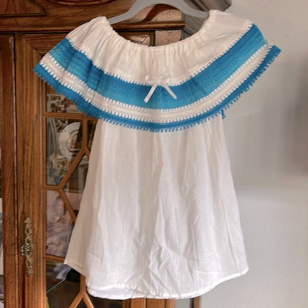 Girls Mexican Traditional Top White/Turquoise